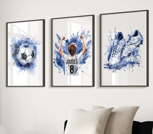 Personalised Football Bedroom Accessories, Football Posters, Bedroom Poster For Teenage Boy Room, Boys Bedroom Football Decor, Football Shirt Name Print (A4 Size (no frames), Blue)