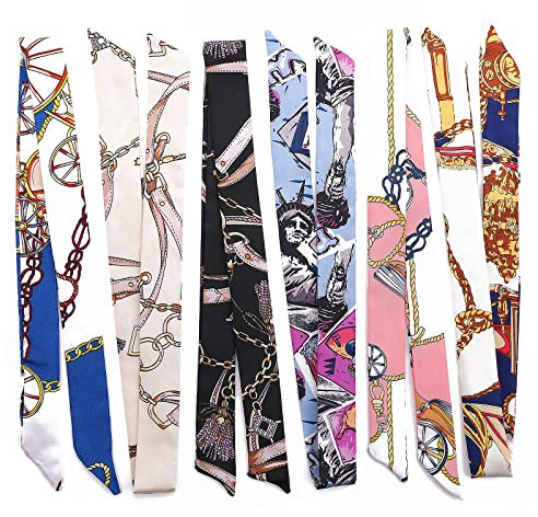 Tucnoeu 12 Stück Seidentuch Damen Bunt Satin Ribbon Seidentücher ScarfSchmaler Schal Handtasche Griff Tasche Band Geeignet für Rucksäcke, Hüte und Haarbänder für Frauen