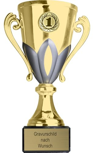 Pokal mit Gravur Wunschtext, Gold & Silber, Sportemblem nach Wahl | Personalisierte Auszeichnung für Fußball WM & Sport Events, inkl. Marmorsockel, Größen 13/15/17 cm