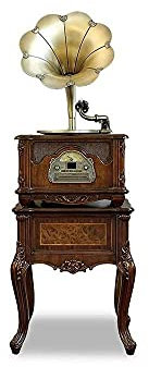 JFNHUTL Gramophone, Tourne-Disque rétro, phonographe Vintage Tout-en-Un, Gramophone nostalgique avec pavillon en cuivre, Haut-Parleur intégré et Caisson de Basses, entrée auxilia