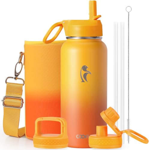 Coolflask Water Bottle Insulated 1L with Straw & 3 Leakproof Lids | Water Flask Stainless Steel Triple-Wall Vacuum, Cold 48+h/Hot 24+h, Dishwasher Safe, BPA-Free, Carrier Bag, for Gym,Hiking