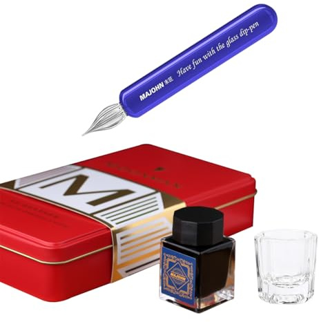 SIPLIV Majohn Juego de pluma de vidrio de cristal con pluma de inmersión vintage, pluma de caligrafía para firmas con botella de tinta y taza de limpieza, azul