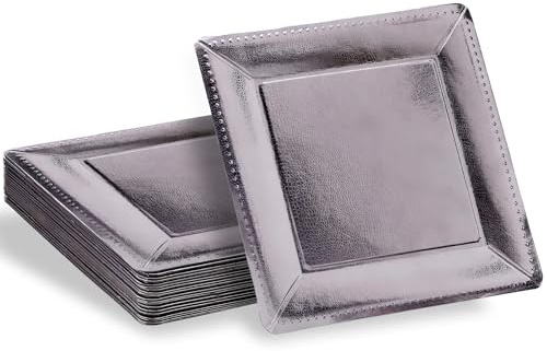 Elegant Square Silver Marble Charger Plates - 13 (Pack of 20) - Disposable Paper Plates - Perfect for Weddings, Birthday Parties, and Special Events