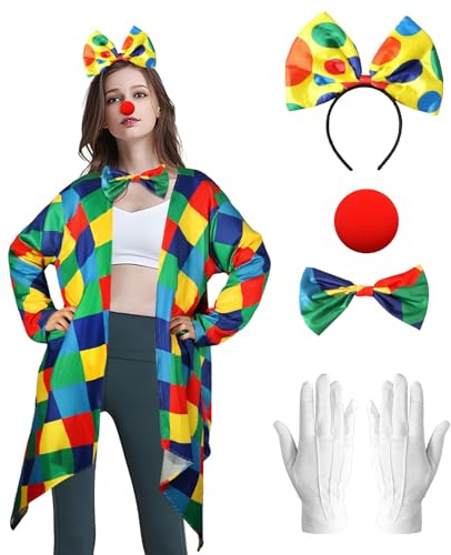 Clown Kostüm Set-6 Stück, Damen Clown Poncho Jacke, Clowns Kostümzubehör, Erwachsene Regenbogen Clownkostüme für Halloween Karneval Cosplay Party