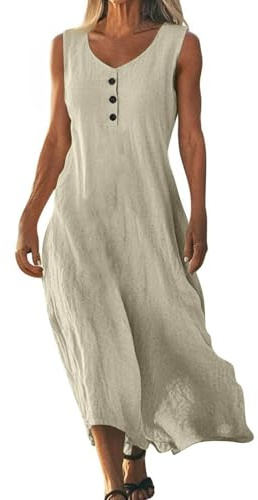 VgguDoe Strandkleid Damen Luftig Lang,Sommerkleid Damen Lang,V-Ausschnitt Kleid Ärmellos,Sommerkleider für Mollige,Umstandskleid Festlich,Leinenkleider Sommer 1-1-beige S