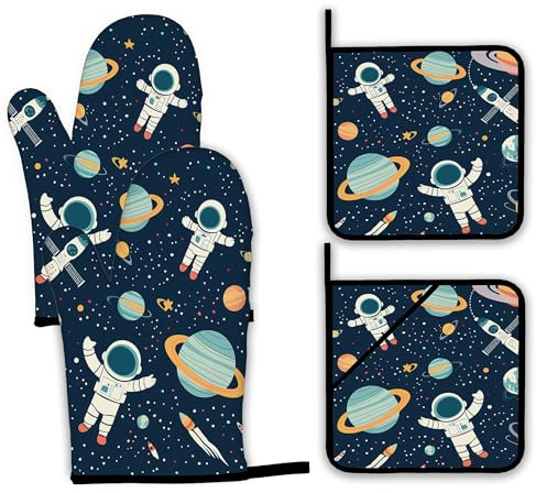 Astronaut Oven Mitts and Pot Holders,Planet Heat Resistant Oven Mitts Gloves and Pot Holder for Home Kitchen Decorations Cooking Baking BBQ Gifts,Set of 4