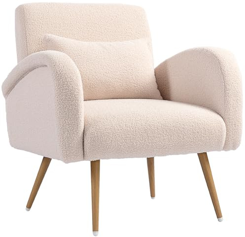 HOMCOM Poltrona per Salotto Imbottita, Poltroncina da Camera in Tessuto Teddy con Cuscino Lombare, Poltrona da Lettura con Gambe Effetto Legno in Metallo per Soggiorno e Studio, 77x77x83 cm, Beige