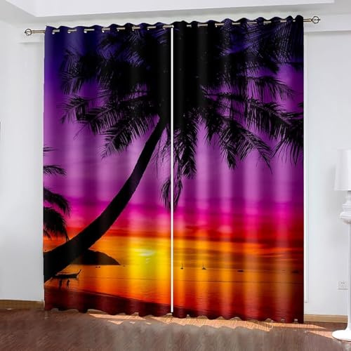 Cortinas bohemias para cocina, otoño, lila, naranja, palmeras, puesta de sol, paisaje, poliéster, 2 unidades, 204 x 183 cm