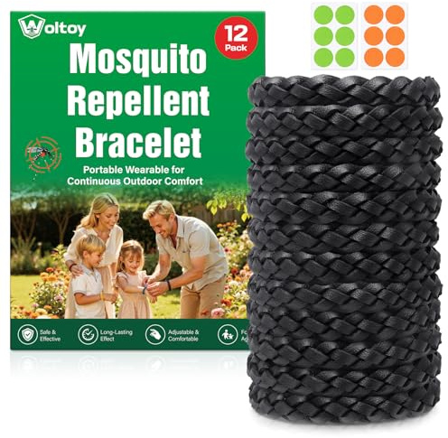 Mosquito Repellent Bracelet 12 Pack, Adjustable Leather 350 Hour Protection Insect Repellent Bracelet for All Ages, Camping Essentials, Black