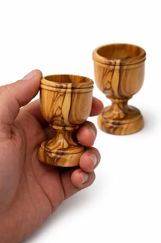 Zuluf Olive Wood Communion Wine Cup Set of 2 | Small 2.8 Inch Handmade Chalice Cups from Bethlehem Holy Land | Religious Ceremony and Church Use | Hand Wash Only