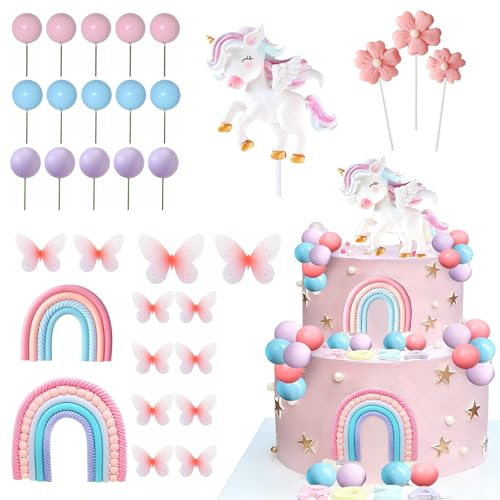 yolzhxe 33 Piece Unicorn Cake Topper, 3D Birthday Cake Toppers | Includes Unicorns, Rainbows, Butterflies, etc for Children's Birthdays and Baby Showers