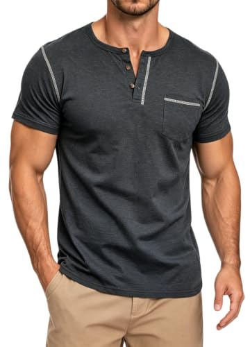 Camisetas Manga Corta Henley Hombre Cuello V Redondo Botones Transpirable Clásico Cómodo