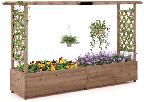 GiantexUK Raised Garden Bed with Arch Trellis, Wooden Garden Planter Box with Drainage Holes, Climbing Plants Vines Vegetables Herbs Flower Pots Grow Box for Patio Backyard (Brown, 200x44x114cm)