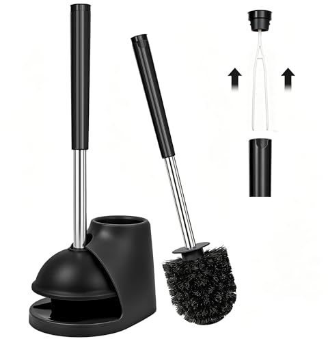 TidyBliss Toilet Brush and Plunger Combo Set with Holder and Hidden Tweezers, Heavy Duty Bathroom Bowl Scrubber Cleaning Kit for Bathtub Wash Basin Sink (Black)
