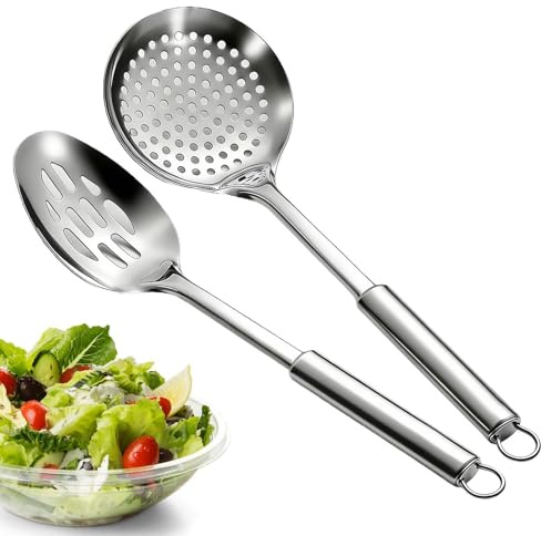 Cuchara perforada - Utensilio tamiz para aceite de mango largo - 2 piezas de cucharas espumadera de metal para grasa - Para verduras, carne, pasta, fideos, alimentos calientes, servir, freír en