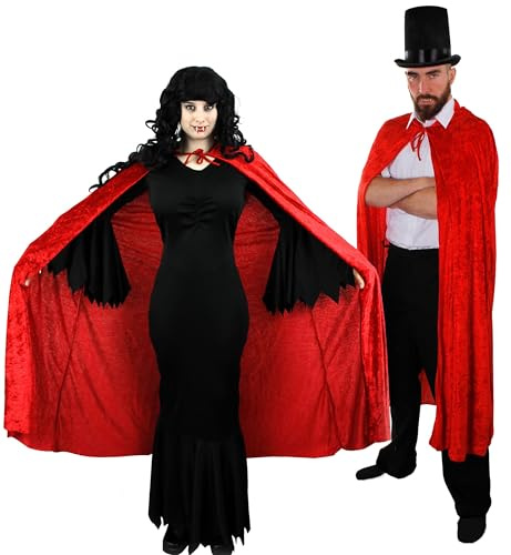 Couples Vampire + Vampiress Halloween Fancy Dress Costume Set - Ladies Long Black Dress & Hooded Velour Cape | Top Hat + Red Cape | Vampire Fangs, Facepaint, Fake Blood - M