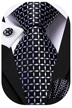 Hi-Tie Mens Plaid Ties Classic Paisley Necktie with Handkerchief Cufflinks Set Business Stripe Tie,Black White