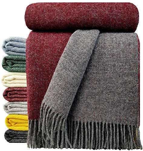 STTS International Wolldecke 100% Schurwolle Wohndecke in versch. Farben 140 x 200 cm Tagesdecke Schurwolldecke Woll-Plaid Tirol (Grau-Rot (Double face), 140 x 200 cm)