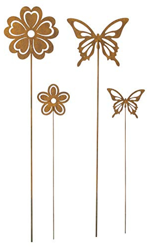 FRANK FLECHTWAREN Gartendeko, Schmetterling, Gartenstecker, Dekostecker, Stecker Blume & Schmetterling, im 4er Set ca. H:34cm, H:36cm, H:52cm, H:55CM