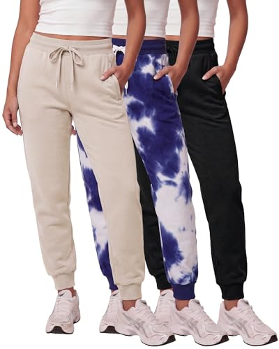 3 Pack: Women’s Fleece Jogger Trousers Sweatpants Tracksuit Running Bottoms French Terry Running Sports Lounge Active Ladies Warm Sweat Jogging Track Pants Casual Athletic Camo Pockets-Set 4, S