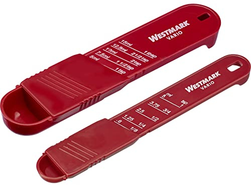 Westmark 2 Messlöffel, Verstellbar, Mit Skalen: 1x 0,6 - 5ml und 1x 5 - 15 ml, Kunststoff, Vario, Rot/Weiß, 30592270