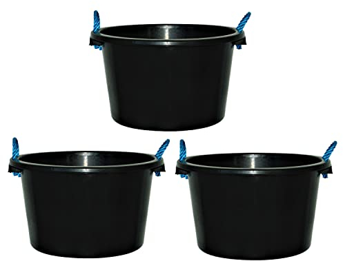 3x 45L BLACK HEAVY DUTY PLASTER MIXING CEMENT MUCK WATER TUB STORAGE BUCKET WITH ROPE HANDLES
