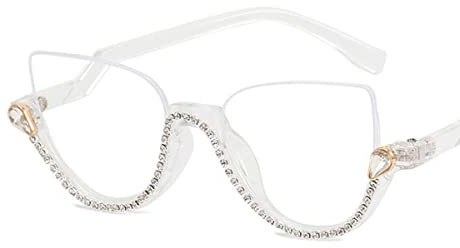 KIASRZN Cat-Eye-Weiß-Diamant-Brille für Frauen, Fashion Sexy Strass Cat Eye Anti-Blau-Brille