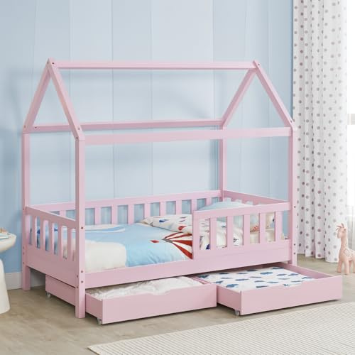 Juskys® Kinderbett Marli 80 x 160 cm mit Bettkasten 2-teilig, Rausfallschutz, Lattenrost & Dach - Massivholz Hausbett für Kinder - Bett in Rosa
