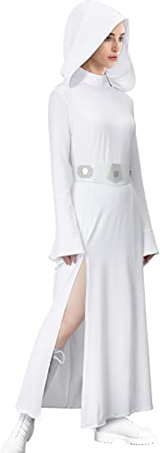 LIKUNGOU Adulto Mujeres Leia Disfraz Blanco Vestido Túnica con Capucha Cinturón Desmontable Carnavales Halloween Tema de la Fiesta Cosplay Outfit para Fans (M)