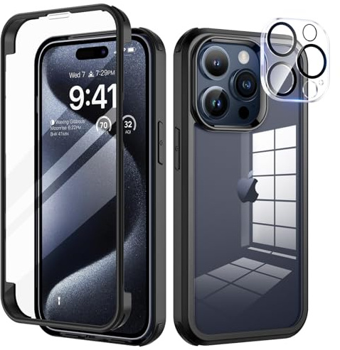seacosmo für iPhone 15 Pro Hülle mit eingebautem Panzerglas Displayschutz und Kamera Schutzfolie [9H HD], 360 Grad Handyhülle Ganzkörper Stoßfeste iPhone 15 Pro Case - Schwarz