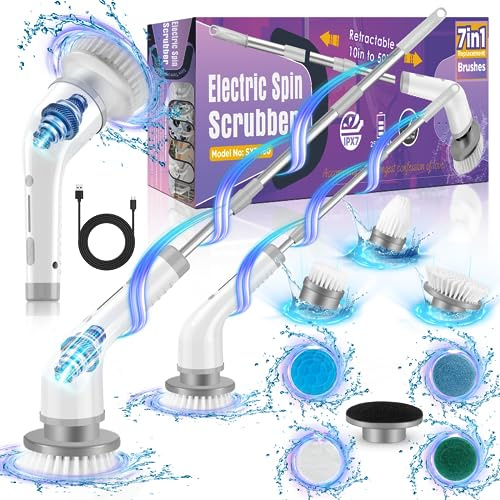 Rechargeable Electric Power Spin Scrubber with 7 Replaceable Brush Heads, Cordless Electric Shower Scrubber with Adjustable Extension Long Handle for Bathroom