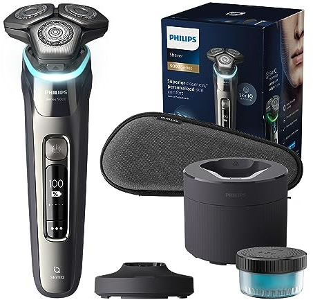 Philips Serie 9000 Afeitadora Eléctrica Hombre, Máquina de Afeitar Barba con Recortadora, 72 cuchillas, 60min de uso, En Seco y Húmedo, Recargable, Centro de Limpieza, Base Carga, S9974/55, Cromo