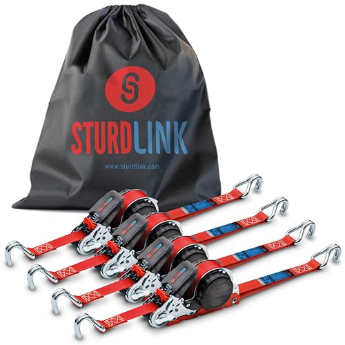 Cinghie a Cricchetto Automatiche 5m 25mm Ganci a J LC 350daN/700daN | Cinghia di Ancoraggio con Avvolgitore Automatico | Set di 4 Pezzi per Veicolo Commerciale Rimorchio Carrello Trasporto | EN12195-2