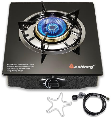 BesNerg Propane Stove 1 Burner Gas Stove, 14500 BTU High-Efficiency Auto Ignition Tempered Glass LPG Cooktop with CSA Regulator and Hose – for Outdoor Camping, RV, and Emergency Cooking