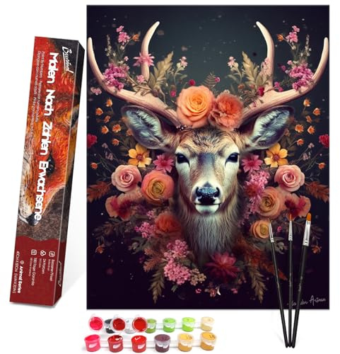Bougimal Malen Nach Zahlen Erwachsene Tiere Ohen Rahmen inklusive Pinsel und Acrylfarben - 40 x 50 cm, Blume und Hirsch 1