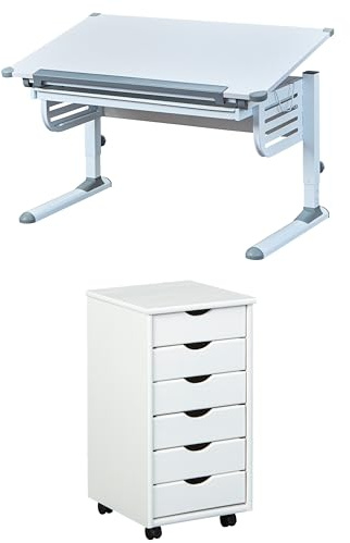 Inter Link Bundle Höhenverstellbarer Schreibtisch – Kinderschreibtisch – Grau/Weiß – Skalare Rollcontainer – 6 Schubladen- Massiv Kieferholz – Weiß - 35 x 40 x 65 cm - Simon