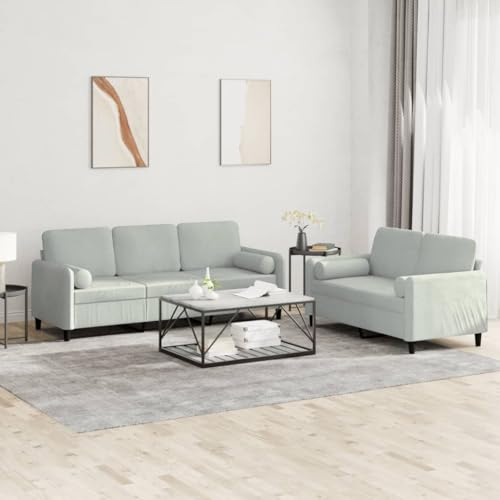 Gecheer 2-TLG.Sofagarnitur Couch Sofa Set Polstergarnitur Loungesofa Polstersofa Sofa Couchgarnitur Sitzmöbel Wohnzimmersofa Sessel Couch Designsofa Gartensofa mit Kissen Hellgrau Samt-143