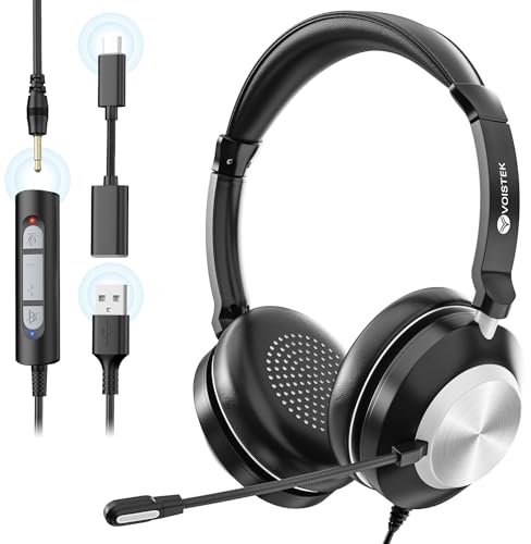 Voistek USB Headset with Microphone for Laptop,Type-c/USB/3.5mm Jack 3-in-1 PC Headset,Wired & Noise Cancelling Headphone with Volume Control for Call Centers,Skype,Zoom, Home Office,Online Chat