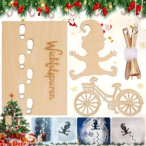 dcas 4 Stück Wichtel Holz Weihnachten Fußabdruck Malerei Schablonen, Kreativset Wichteltür Fußabdrücke Zubehör, Wichtel Fußabdrücke Schablone con Schlittenstab Wooden Bicycle, Für Böden, fenster, door