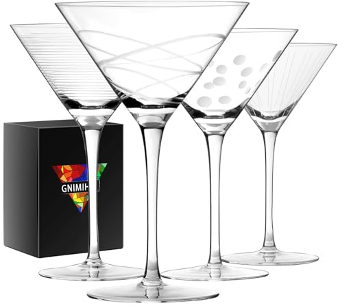 Gnimihz Etched Martini Glasses Set of 4-9 oz, Handmade Premium Crystal Cocktail Glasses, Martini, Cosmopolitan, Manhattan, Gimlet, Pisco Sour, Christmas Gifts for Men Women, Etched