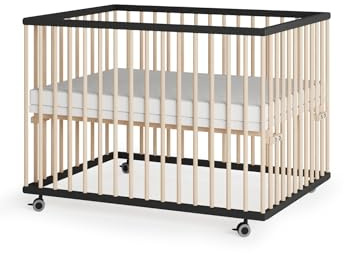 Sämann Laufstall Baby 75x100 cm mit Matratze SleepPlus & Schlupfsprossen | TÜV geprüft | stufenlos höhenverstellbar | Laufgitter Premium | Babybett aus Holz | Krabbelgitter schwarz/natur