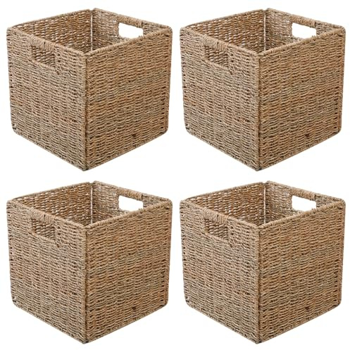 Aolawco Kallax - Set di 4 cesti portaoggetti, pieghevoli, intrecciati, 28 x 28 x 28 cm, con maniglie, per mensole, dispensa, stanza