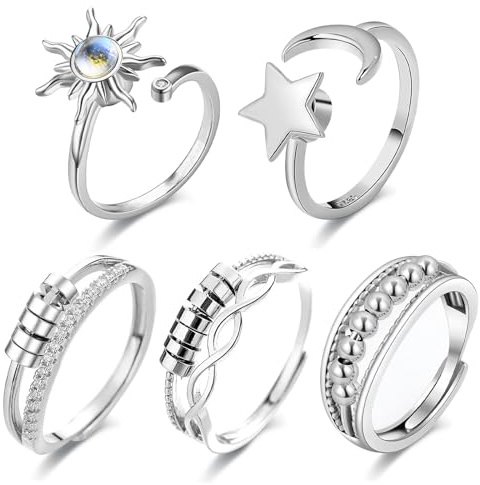 SSKHE 5PCS Anxiety Ring for Women, Silver Fidget Ring for Teen Girls, Adjustable Open Spinner Rings for Anxiety Women Daughter, Butterfly Moon and Star Adjustable Ring for Men Birthday Party Gifts