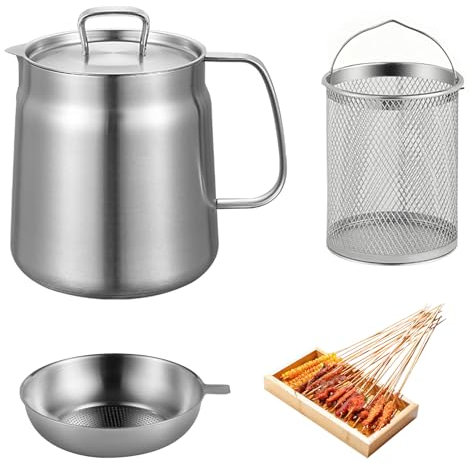 2 L Olla para Freír, Mini Freidora, Olla con Colador, Colador de Aceite Multifuncional de acero Inoxidable 304, Recipiente para Aceite con Colador para la Cocina