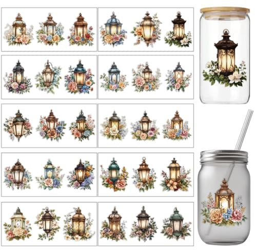 arricraft 10 Blatt UV DTF Cup Wrap Transferaufkleber Rose Retro Laterne Blumen Rub Auf Transfers Aufkleber Für 16OZ Glas Tassen Möbel Handwerk Holz DIY Handwerk