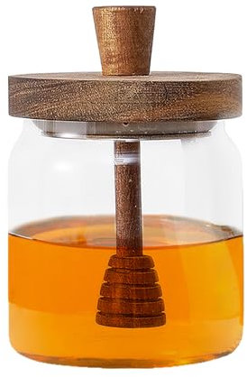 Wnvivi Glass Honigglas, 500 Ml Transparentes Glas Honigtopf mit Holzdeckel, Honigspender Honig Aufbewahrungsbehälter für Zuhause, Restaurants