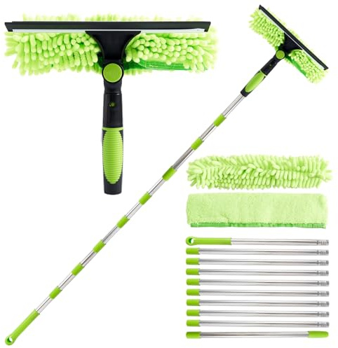 4.5M Window Squeegee Cleaning Equipment, 2 in 1 Telescopic Window Cleaner | Professional Window Cleaning Equipment with Extendable Pole & 29cm Window Squeegee Microfiber Pad for Indoor Outdoor (Green)