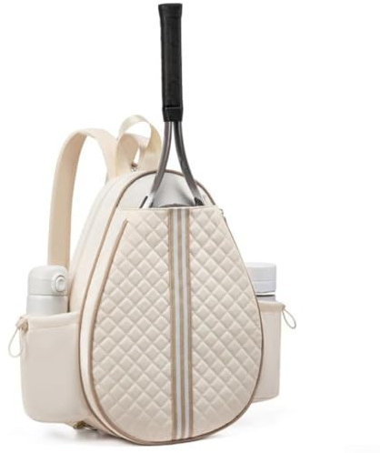 ReachMall Tennis Racket Sling Bag, Tennis Crossbody Backpack, Water Resistant Quilted Padel Racket Shoulder Bag, Lightweight Racquet Bags for Women(Beige)