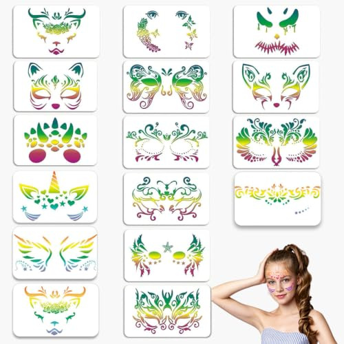 16 Stück Kinderschminken Schablonen, Wiederverwendbare Tattoo Schablonen, Gesichtsfarbe Schminke Schablone Kit Kinderschminken Schminkschablone für Kinder Erwachsene Halloween Party Karneval