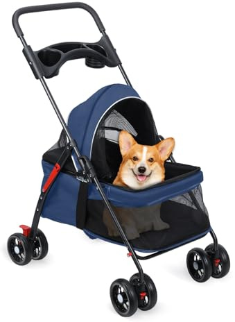 Hundewagen für Kleine Hunde ，4-Rad-Hundebuggy mit Schultergurten,Hundebuggy bis 10kg，Faltbarer Haustier-Reisewagen mit Getränkehalter und Aufbewahrungstasche (blue)